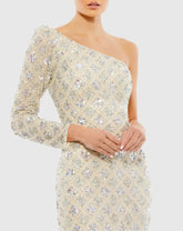 Beige Embellished One Shoulder Asymmetrical Gown